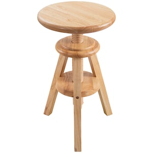 May include: A light-colored wooden adjustable stool with a round seat and three legs. The seat is supported by a threaded mechanism for height adjustment. The stool is made of natural wood.