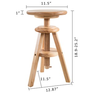 May include: A light-coloured wooden adjustable stool. The round seat is 29.2 cm in diameter and 2.5 cm thick. The stool's height adjusts from 48 to 64 cm. The base has three legs, and the overall width is 32.7 cm.