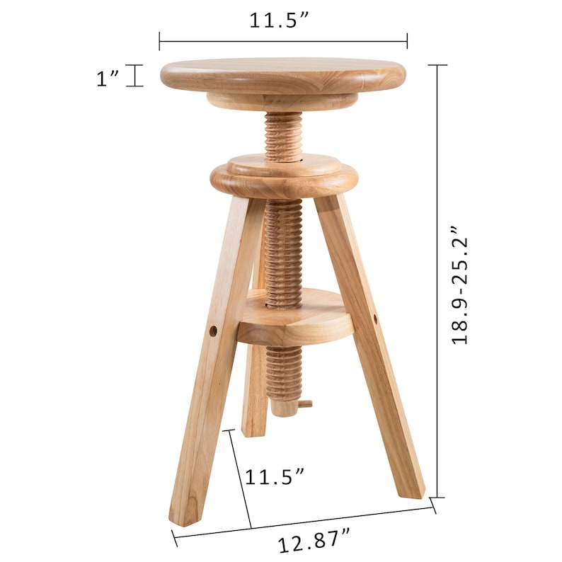 May include: A light-coloured wooden adjustable stool. The round seat is 29.2 cm in diameter and 2.5 cm thick. The stool's height adjusts from 48 to 64 cm. The base has three legs, and the overall width is 32.7 cm.