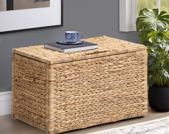 Rectangular Water Hyacinth Wicker Storage Trunk with Iron Wire Frame, 23.3 by 16.5 by 15.2, Natural, Great for Storing Toys