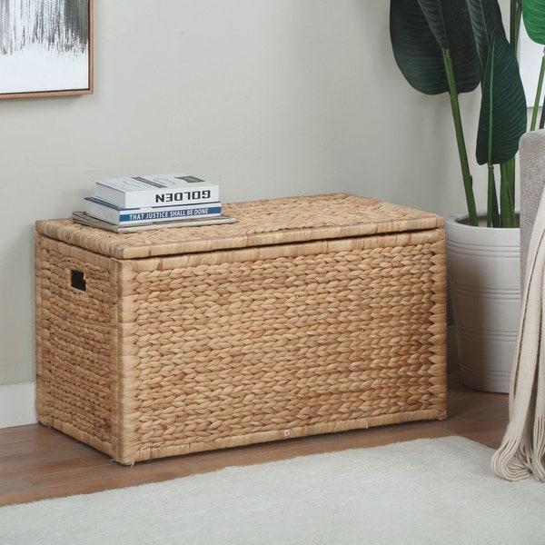 Rectangular Water Hyacinth Wicker Storage Trunk with Iron Wire Frame, 30 by 17.5 by 17.5, Natural, Great for storing craft supplies