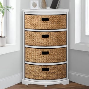 4 Tier X-Side Corner Table Storage Cabinet with 4 Natural Water Hyacinth Wicker Baskets
