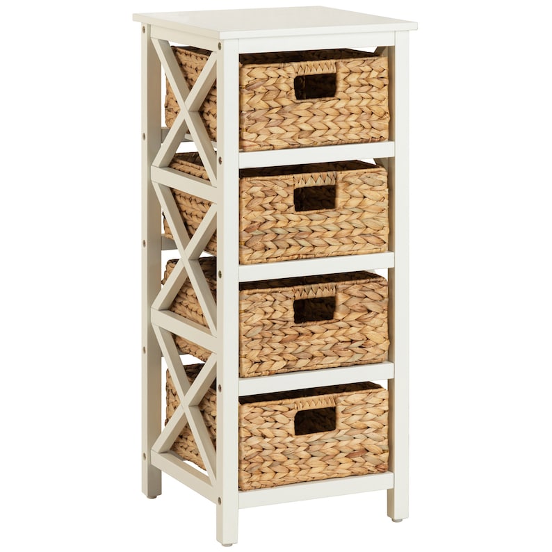 4 Tier X-Side End Storage Cabinet with 4 Water Hyacinth Natural Wicker Baskets