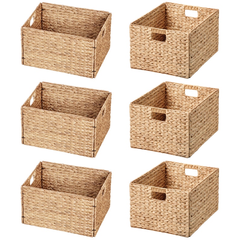 Handmade Water Hyacinth Wicker Storage Baskets with Iron Wire Frame, 16.1"x12.6"x9.5", Natural, Great for storing craft supplies Set of 6