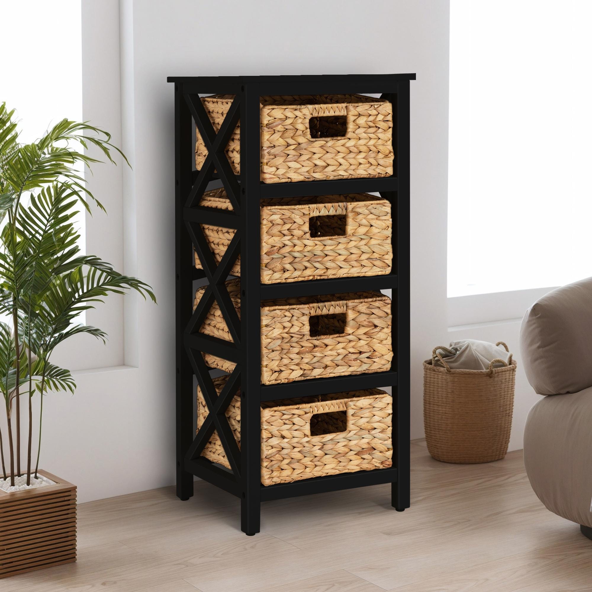 4 Tier X-side End Storage Cabinet With 4 Water Hyacinth Natural