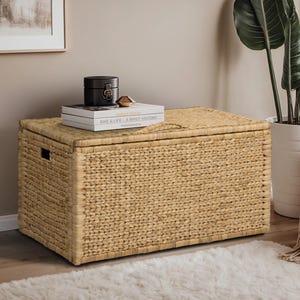 Rectangular Water Hyacinth Wicker Storage Trunk with Iron Wire Frame, 36 by 20 by 18.5, Natural, Great for Storing Craft Supplies