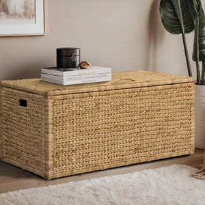 Rectangular Water Hyacinth Wicker Storage Trunk with Iron Wire Frame, 42 by 20 by 18.5, Natural, Great for storing craft supplies