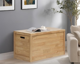 Rectangular Hard Wood Storage Trunk, 35.5 by 17.4 by 19.5, Natural, Great for Storing Craft Supplies, Wood Storage Trunk