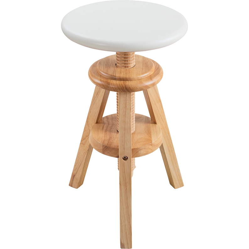 May include: A wooden adjustable stool with a white circular seat. The stool has a light brown wooden base with three legs and a threaded central column for height adjustment. The seat is approximately 30 cm in diameter.