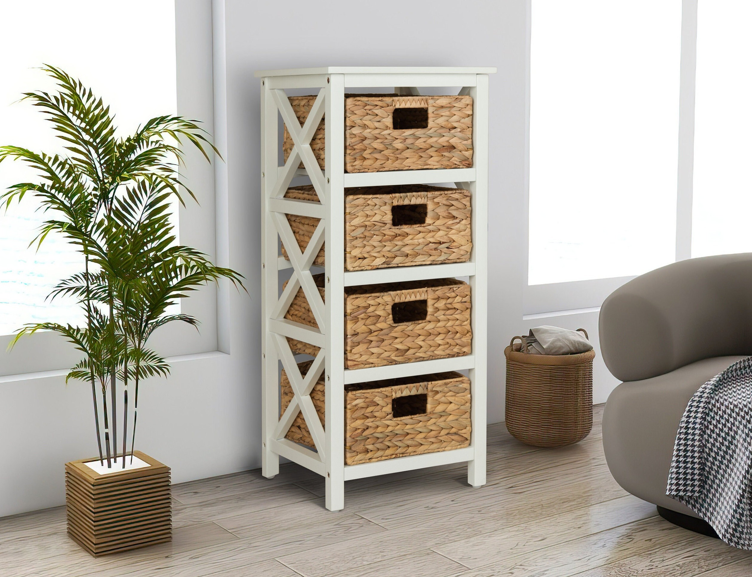 White cabinet outlet with wicker baskets
