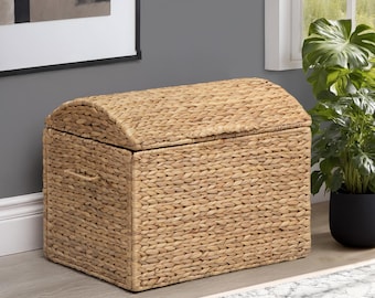 Rectangular Water Hyacinth Wicker Storage Trunk with Iron Wire Frame and Arch Lid, 20.5 by 14.5 by 16, Natural, Great for storing Toys