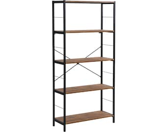 May include: A black metal bookshelf with four wooden shelves. The shelves are a light brown color and the metal frame is black.