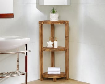 3 Tier Solid Hardwood Bathroom Corner Shelf, Natural Oiled Finish