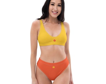 Recycled high-waisted bikini, bikini en dos colores amarillo y naranja