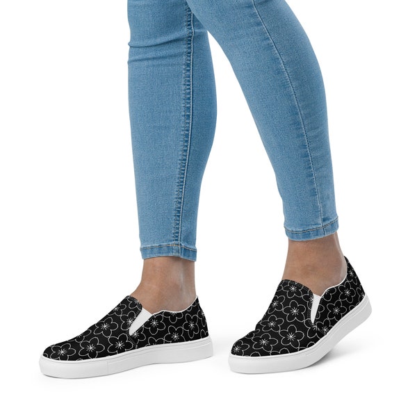 Women’s slip-on canvas shoes, zapatos deportivos, zapatillas casuales, zapatillas sin cordones, zapatos negros con flores