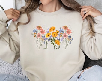 Sweater met wilde bloemen boho voor dames, vintage trui met geperste bloemenprint, cottagecore botanische kleding, trendy lentetrui, cadeau