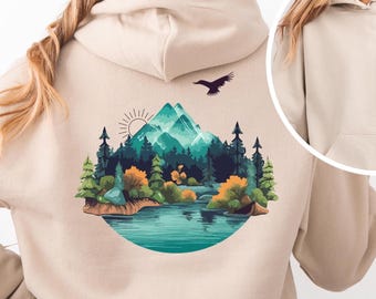 Bergsee Landschaft Hoodie | Wald, Berge, Herbstbäume| Natur Sweatshirt | Pullover für Sie | Herren Kapuzenpullover | Grafik Hoodie