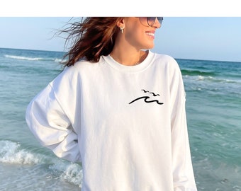 Sweat-shirt vague de plage pour femme et homme, pull au design minimaliste océan, col rond tendance à manches longues, vêtements pull nature, cadeau d'été