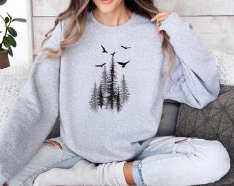 Felpa girocollo Pine Tree Nature per donna e uomo, maglione da campeggio con stampa foresta, abbigliamento da avventura, design alla moda con uccelli, abbigliamento da trekking