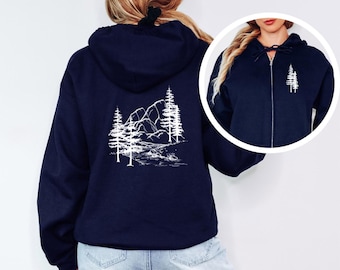 Nature Hooded Zip Up Sweatshirt for Men and Women, Mountain Hoodie for Forest Lovers,Graphic Design Front and Back, Unisex Zip-Up Hoodie,