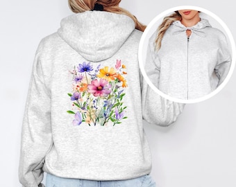 Floral Design Full Zip Hoodie for All Seasons, Cozy Sweatshirt, Gift for Her, Comfortable Layering, Spring Fashion, Casual Wear