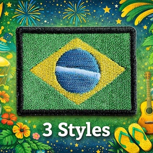 May include: A rectangular embroidered patch featuring the green, yellow, and blue flag of Brazil with a black border. The patch is centred against a vibrant background of tropical foliage, a parrot, a football, a guitar, and fireworks. The text 3 Styles is visible.