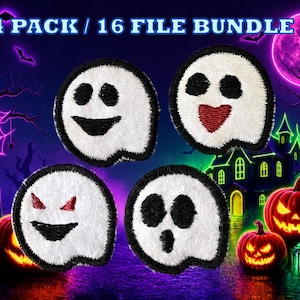 May include: Four white ghost-shaped patches with black outlines and various facial expressions. The background features a spooky Halloween scene with pumpkins, a haunted house, and the text "4 PACK / 16 FILE BUNDLE".
