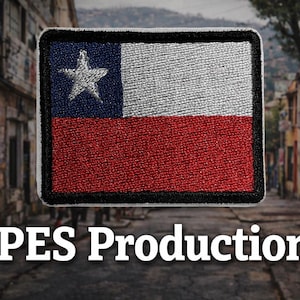 May include: A rectangular embroidered patch featuring the flag of Chile with a blue square containing a white star, a white horizontal stripe, and a red horizontal stripe, all bordered by a thick black stitched edge, with the text PES Production.