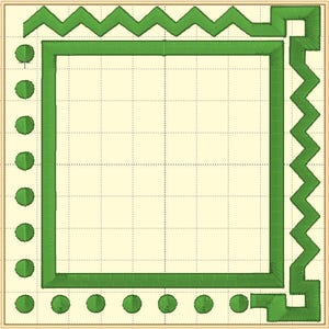 May include: Green embroidered design with a square center and decorative border. The border features a zigzag pattern and circular accents. The design is on a beige background with a grid pattern.