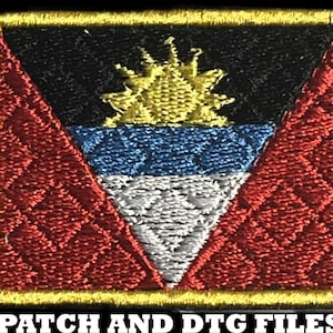 May include: Embroidered patch featuring the flag of Antigua and Barbuda. The design includes a black top, a red triangle, a white stripe, and a blue stripe, with a yellow sun. The patch has a yellow border and the text "PATCH AND DTG FILES" at the bottom.