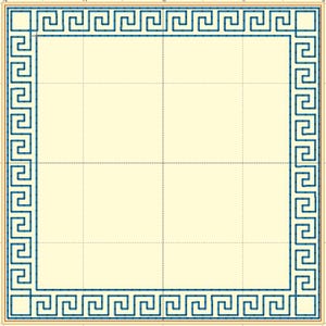 Puede incluir: Un elemento decorativo cuadrado de color crema con un borde de llave griega de color turquesa. El borde es un patrón continuo de ángulos rectos entrelazados, que enmarca un espacio interior en blanco. El diseño es simétrico y geométrico.