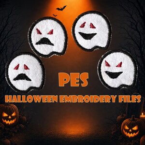May include: Four white ghost embroidery patches with black and red facial features. The image includes the text "PES" and "HALLOWEEN EMBROIDERY FILES" with a Halloween theme, featuring pumpkins and bats.