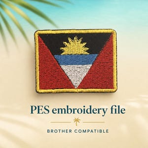 May include: Embroidered patch featuring the flag of Antigua and Barbuda. The patch has a black triangle at the top, a blue stripe, and a white triangle at the bottom, with a yellow sun emblem. The text "PES embroidery file" is below the patch.