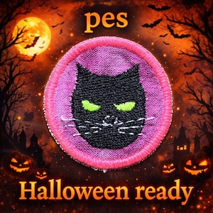 May include: A circular embroidered patch featuring a black cat face with bright green eyes and white whiskers centered on a purple background with a pink stitched border. The text "pes" appears above the patch and "Halloween ready" below.