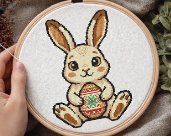 Easter Bunny Cross Stitch Pattern PDF | Rabbit Holding Easter Egg ...