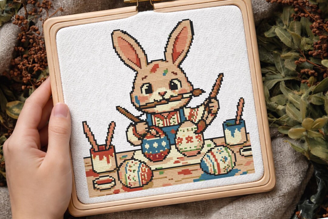 Easter Bunny Painting Eggs Cross Stitch Pattern PDF | Artist Rabbit ...