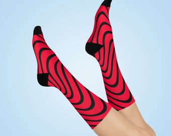 Red Black Wavy Lines Cushioned Crew Socks | Perfect Gift, Back to School Gift Premium Socks