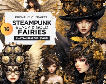 Imágenes prediseñadas de hadas steampunk: paquete PNG victoriano en negro y dorado (descarga digital)