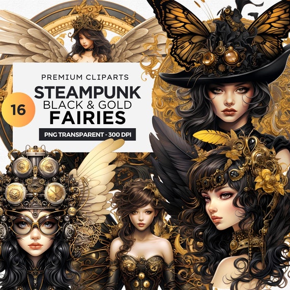 Steampunk Fairy Clipart: Black & Gold Victorian PNG Bundle (Digital Download)