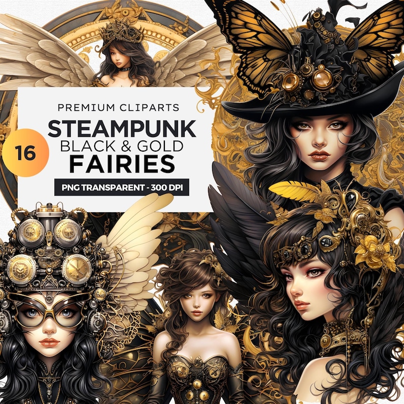 Steampunk Black and Gold Fairy Clipart PNG - A vintage inspired digital print featuring a captivating fairy, Victorian elegance, mythical elements, and more. Ideal for crafting, sublimation, decor, and imaginative projects. Digital prints