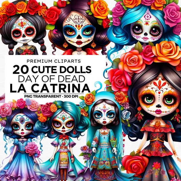 Cute dolls La Catrina Day of the dead PNG Clipart  Día de Los Muertos Clipart,Sugar Skull, Mexican Halloween bundle. Commercial use for POD