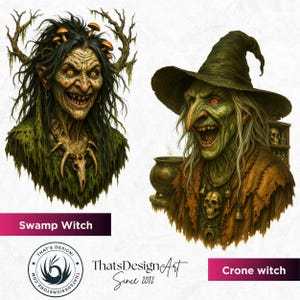 Horrific Halloween Witch Clipart Set V1, Bad witch Halloween Clipart, Spooky Halloween prints | Transparent PNG for craft and sublimation