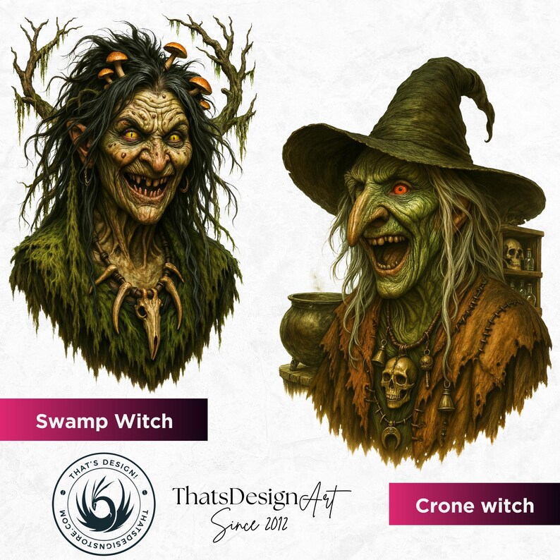 Horrific Halloween Witch Clipart Set V1, Bad witch Halloween Clipart, Spooky Halloween prints | Transparent PNG for craft and sublimation