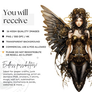 Steampunk Black and Gold Fairy Clipart PNG - A vintage inspired digital print featuring a captivating fairy, Victorian elegance, mythical elements, and more. Ideal for crafting, sublimation, decor, and imaginative projects. Digital prints