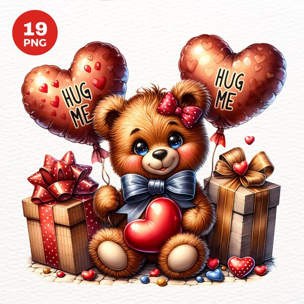 Watercolor Valentines Teddy Bear Clipart, Valentines Day Clipart PNG, Valentines Teddy Bear, valentine printable, Cards & sublimation.