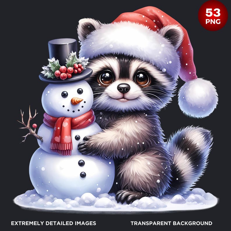 53 Cute Raccoon PNG Clipart Set, Christmas Raccoon clipart, Baby animal with Santa Hat Png, Christmas Clipart, Christmas cards & sublimation