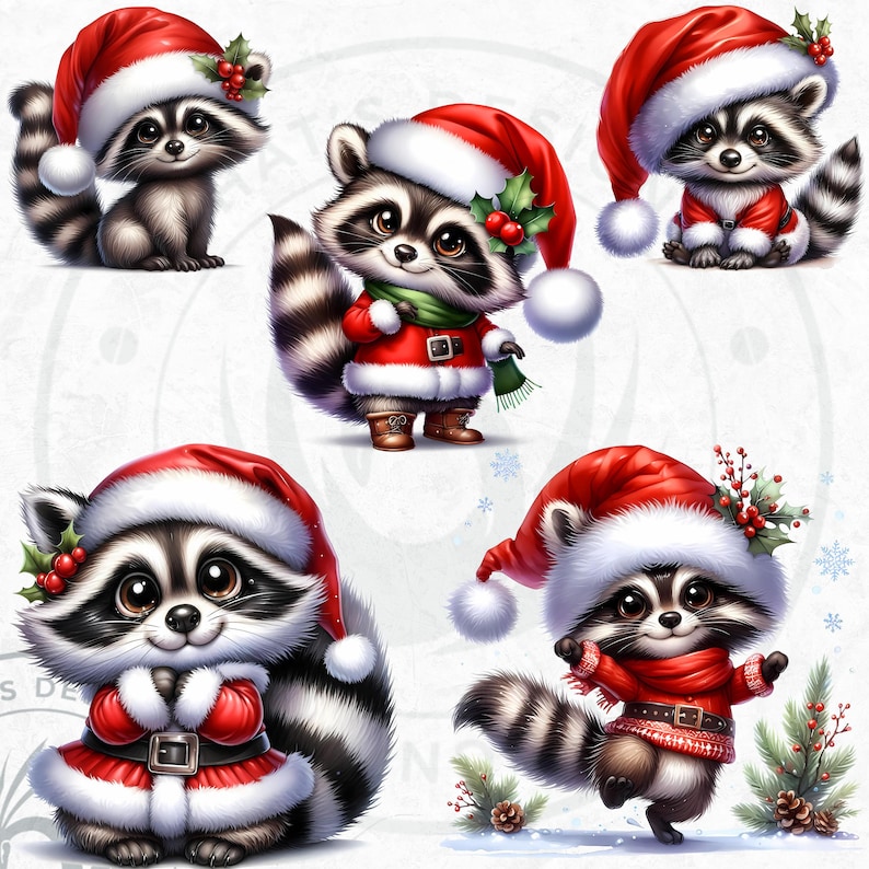53 Cute Raccoon PNG Clipart Set, Christmas Raccoon clipart, Baby animal with Santa Hat Png, Christmas Clipart, Christmas cards & sublimation