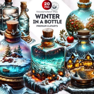 Op de afbeelding: Een set van 20 winterse illustraties van glazen flessen met verschillende scènes erin. De flessen zijn versierd met gouden accenten en tonen scènes zoals een besneeuwd bos, een winterdorp en een bevroren meer. De tekst "Winter in a Bottle" wordt boven de flessen weergegeven.