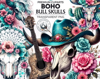 Boho Bull Skull Clipart: Western Floral PNG Set, Cow Art (Digital Download)