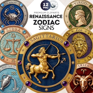 Renaissance Zodiac Signs Round Clipart PNG Set, Astrology clipart, horoscope signs, Fantasy Clipart, Celestial clipart, zodiac sublimation
